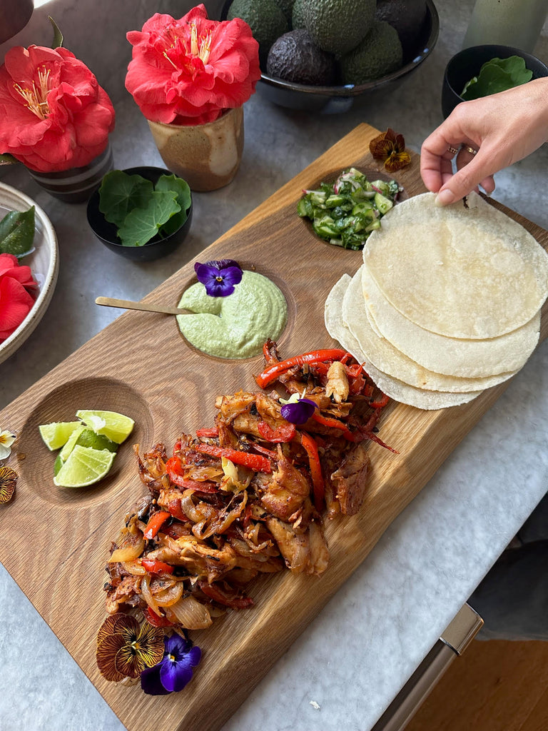 Daring Chicken Fajitas with Pumpkin Seed Cilantro Crema