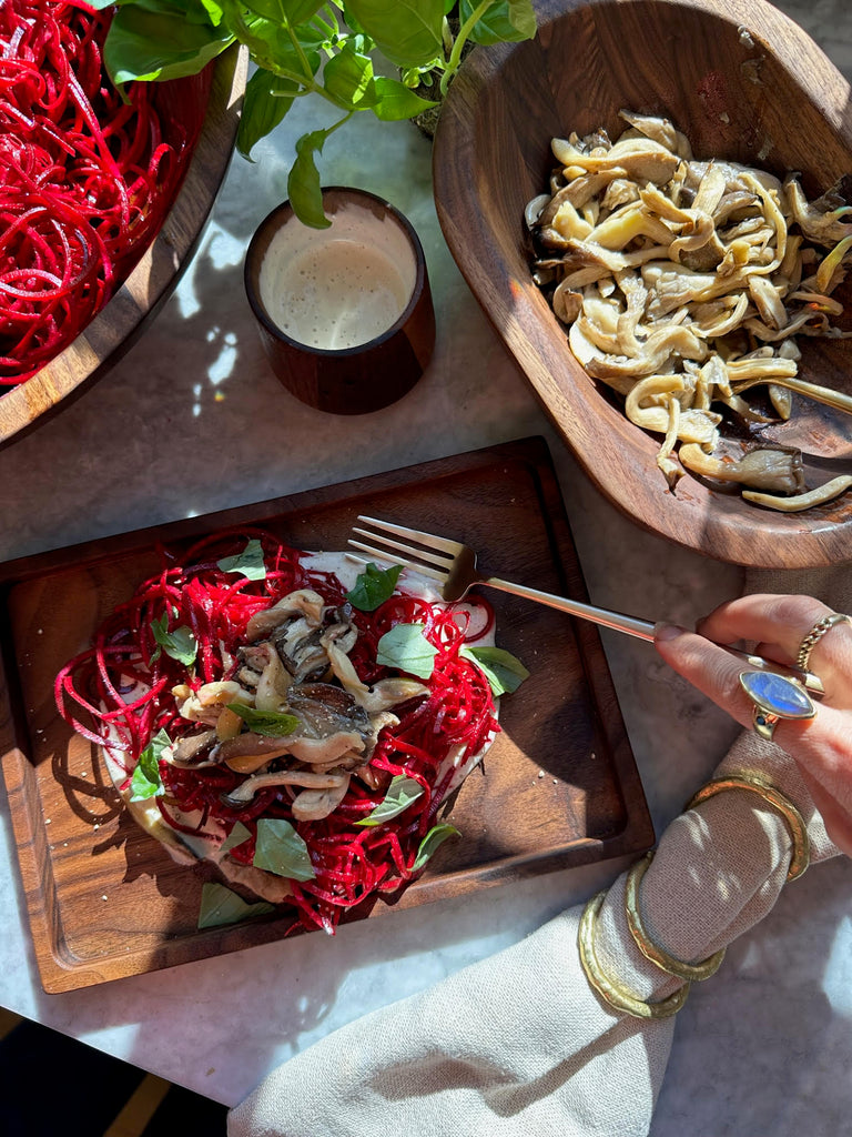 Beet Noodles, Truffle Cream & Oyster Mushrooms