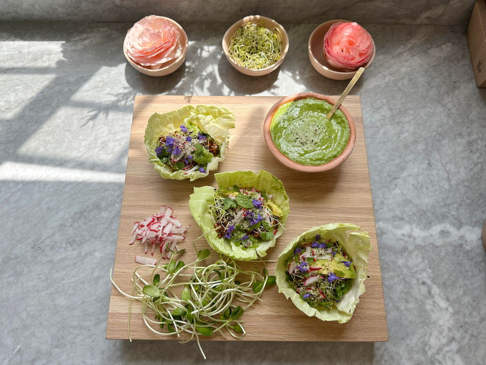 Cabbage Cups with Rolling Greens Chic'ken, Pinto Bean & Avocado Cilantro Crema