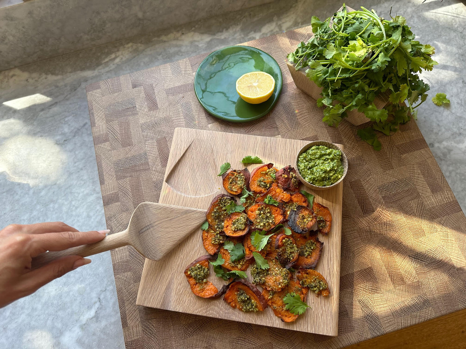 Smashed Sweet Potatoes with Cilantro Pesto